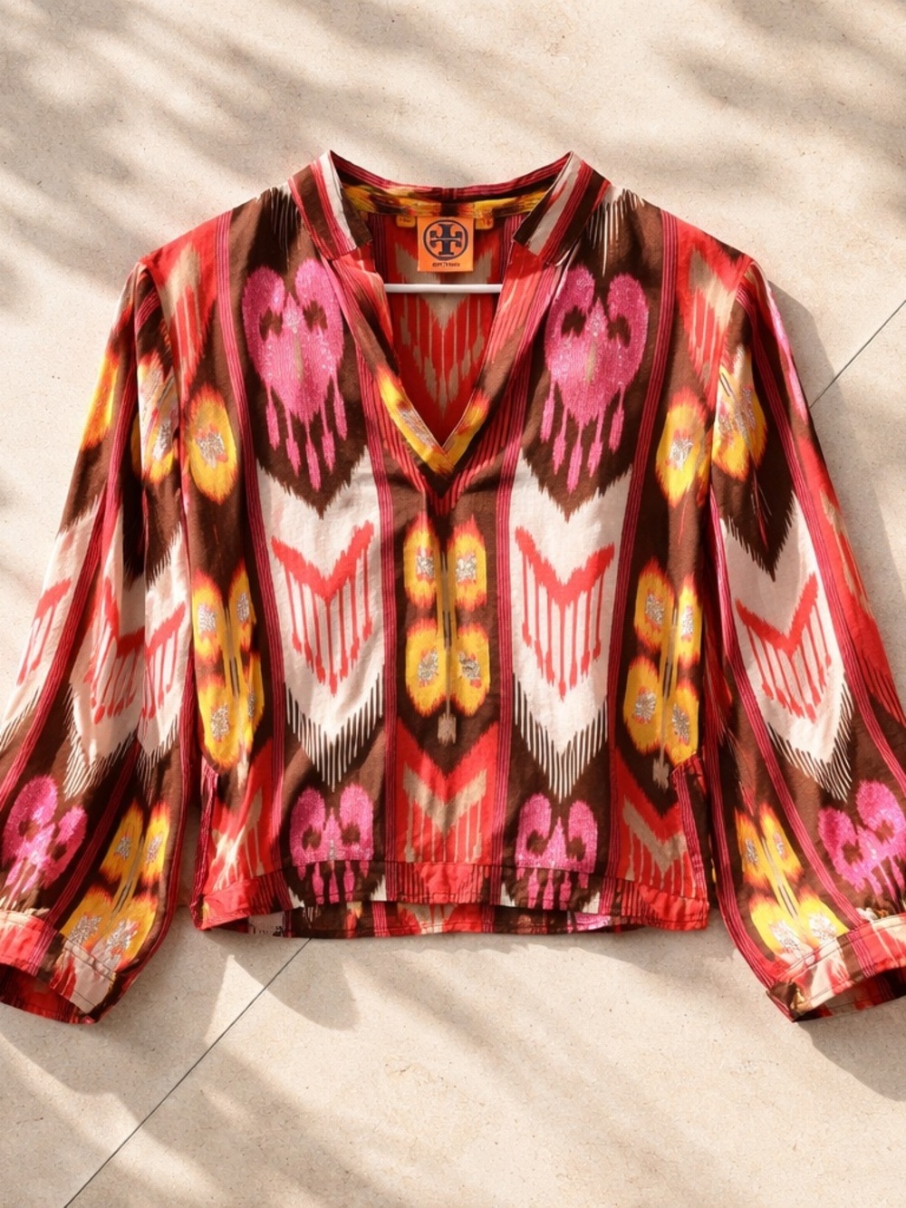 Tory Burch Multicolor Ikat V-Neck Blouse — Pink, Brown & Yellow